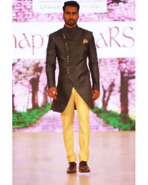 Navy blue indo western Sherwani with beige Trousers