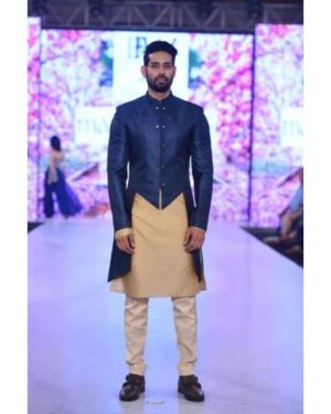 Navy blue sherwani with beige Kurta and Chudidar