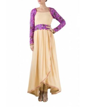 Beige georgette anarkali with embroidered sleeve & belt& silk chudidar