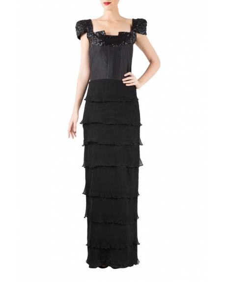 black-chiffon-tier-gown-with-structured-shiny-sleeves