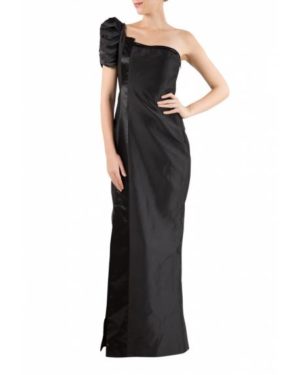 Black silk structured gown with one shoulder pleated sleeve