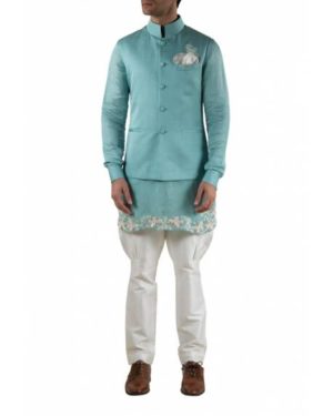 Blue embroidered satin cotton kurta with jodhpuri pants