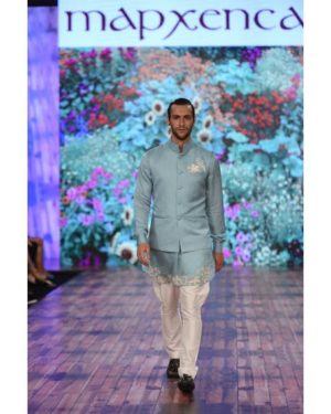 Blue embroidered kurta with blue bandi,jodhpuri pant and white pocket square