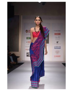 Blue satin silk saree with geometric cut work & pink tube blouse