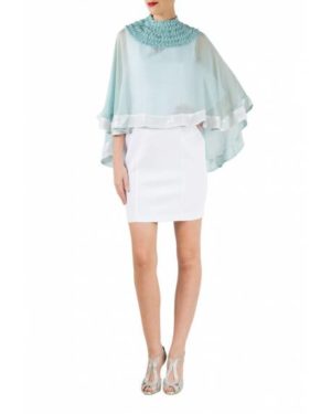 Blue textured flat chiffon cape with white dress