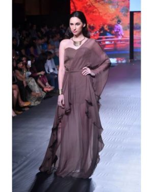 Brown silk satin flat chiffon one shoulder gown