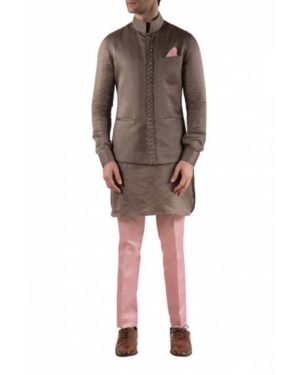 Brown textured satin cotton bandi with brown kurta, onion pink trouser and pocket square