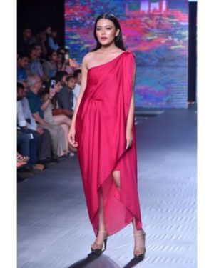 Cherry pink drape one shoulder dress