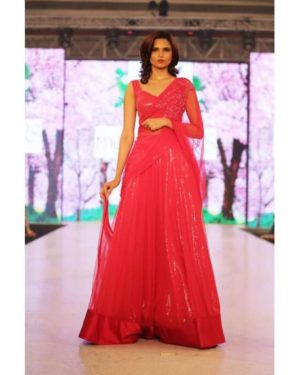 Dark pink net skirt saree with shiny sequence skirt and blouse & embroidered pallu