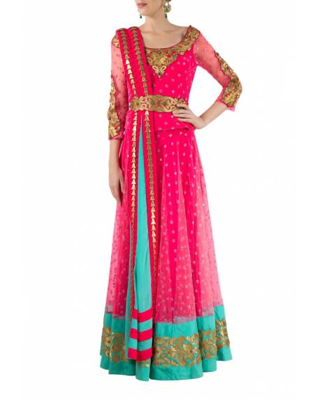 fuschia-pink-net-choli-skirt-set-with-textured-dupatta-embroidered-belt