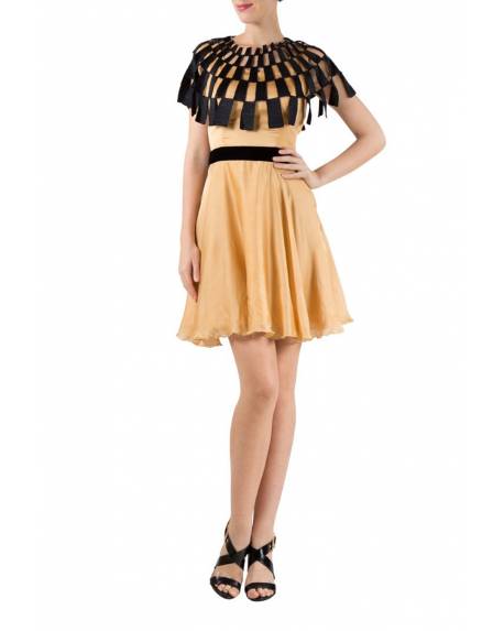 golden-silk-satin-flared-dress-with-black-brick-cape