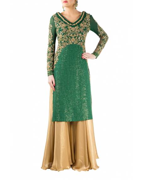 green-hand-embroidered-georgette-kurta-with-golden-silk-satin-palazzo-plain-gold-dupatta
