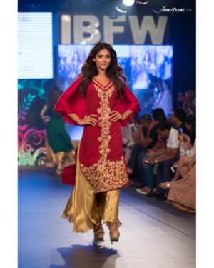 Maroon georgette kurta with hand embroidery & golden palazzo