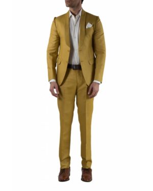 Ochre jacket & trouser with white shirt & white pocket square
