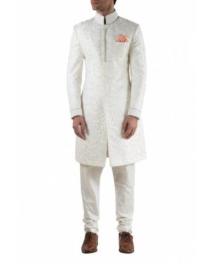 Offwhite embroidered silk Sherwani with offwhite trouser and peach pocket square