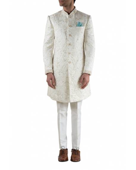 offwhite-embroidered-silk-sherwani-with-offwhite-trouser-and-teal-pocket-square