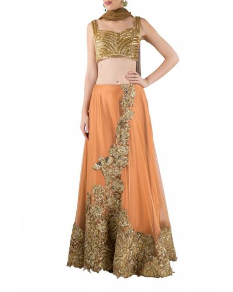 orange-net-silk-ghagra-with-embroidered-front-back-choli-plain-golden-dupatta