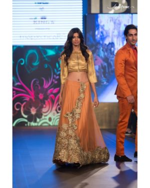 Orange net silk ghagra with embroidered front & back & golden satin silk blouse