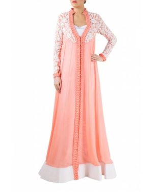 Peach georgette floor length Anarkali with embroidered sleeve.