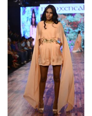 Peach silk satin cape short jumper with embroidered waistband