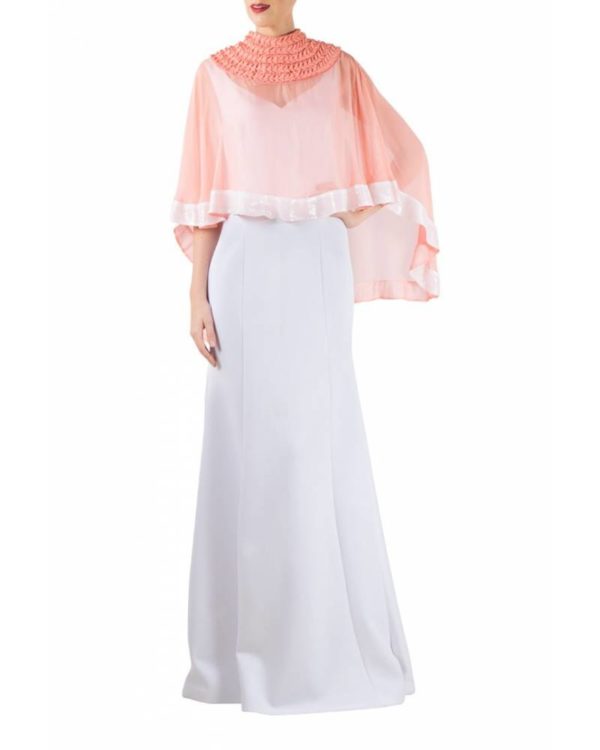 peach-textured-flat-chiffon-cape-with-white-gown (1)