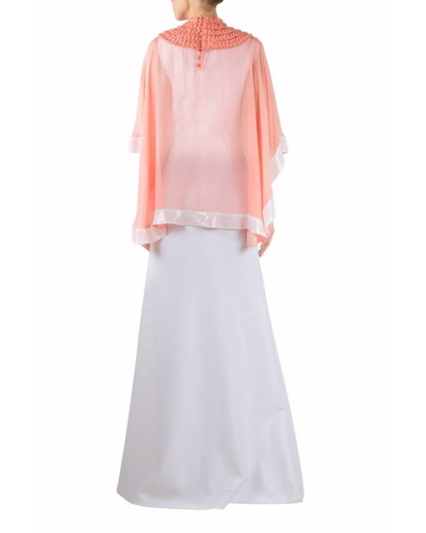 peach-textured-flat-chiffon-cape-with-white-gown (2)