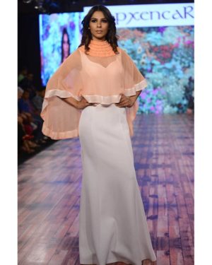 Peach textured flat chiffon cape with white gown
