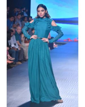 Peacock green flat chiffon jumper with ruffles on sleeves