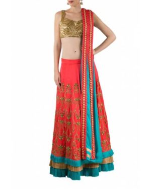 Pink Blue silk satin georgette skirt with panelled embroidered textured dupatta & fully embroidered blouse