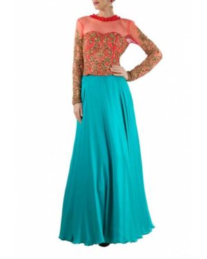 Pink embroidered net choli with flared satin georgette skirt