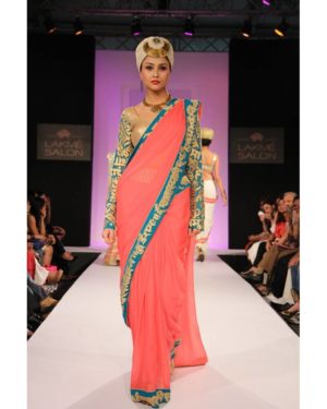 Pink georgette akshar embroidered saree with full sleeve embroidered silk blouse