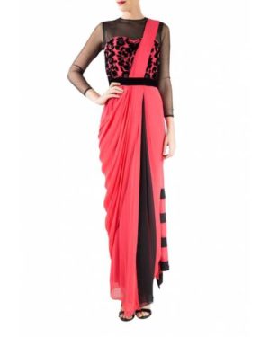Pink georgette saree gown with embroidery on front & back