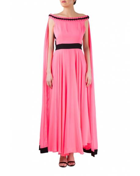pop-pink-georgette-gown-with-texture-insert-on-neckline-cape