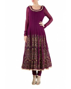 Purple Anarkali with embroidered panel, gold dupatta & purple chudidar