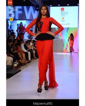 Red georgette saree gown with black peplum & embroidery