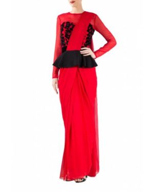 Red georgette saree gown with black peplum & embroidery