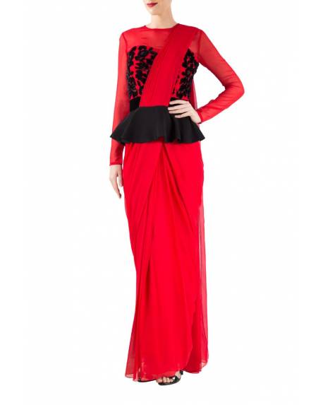red-georgette-saree-gown-with-black-peplum-embroidery