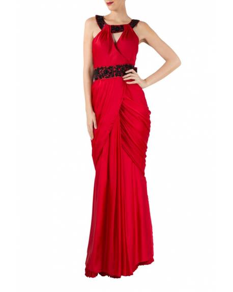 red-satin-silk-saree-gown-with-black-cutdana-embroidery-on-neckline-waistband