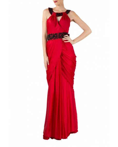 Galvanize Red Silk Saree Gown Zari Work SF080IN – ShreeFashionWear