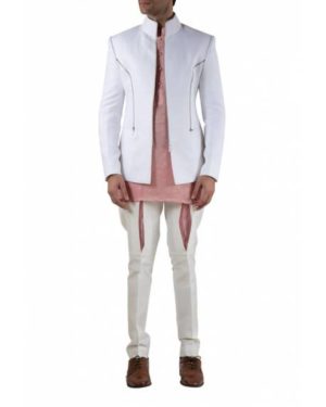 White bandhgala with onion pink satin cotton kurta and white jodhpuri pants