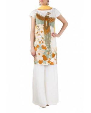White silk kurta with Bird floral embroidery & white palazzo