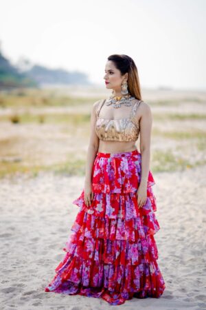 Red Floral Tier Georgette Skirt with golden sequence blouse