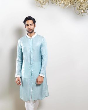 Sky blue kurta with Cutdana pot embroidery and offwhite churidar