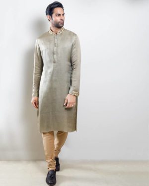 Olive green kurta with gold zardosi embroidery and gold churidar