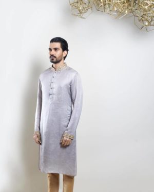 Steel grey kurta with offwhite and gold zardosi embroidery and gold churidar