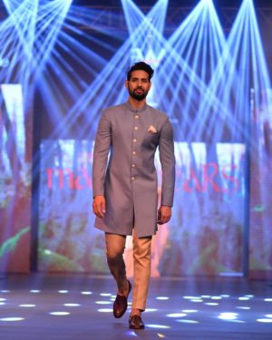 Cornflower blue sherwani with dull gold slim fit trouser set